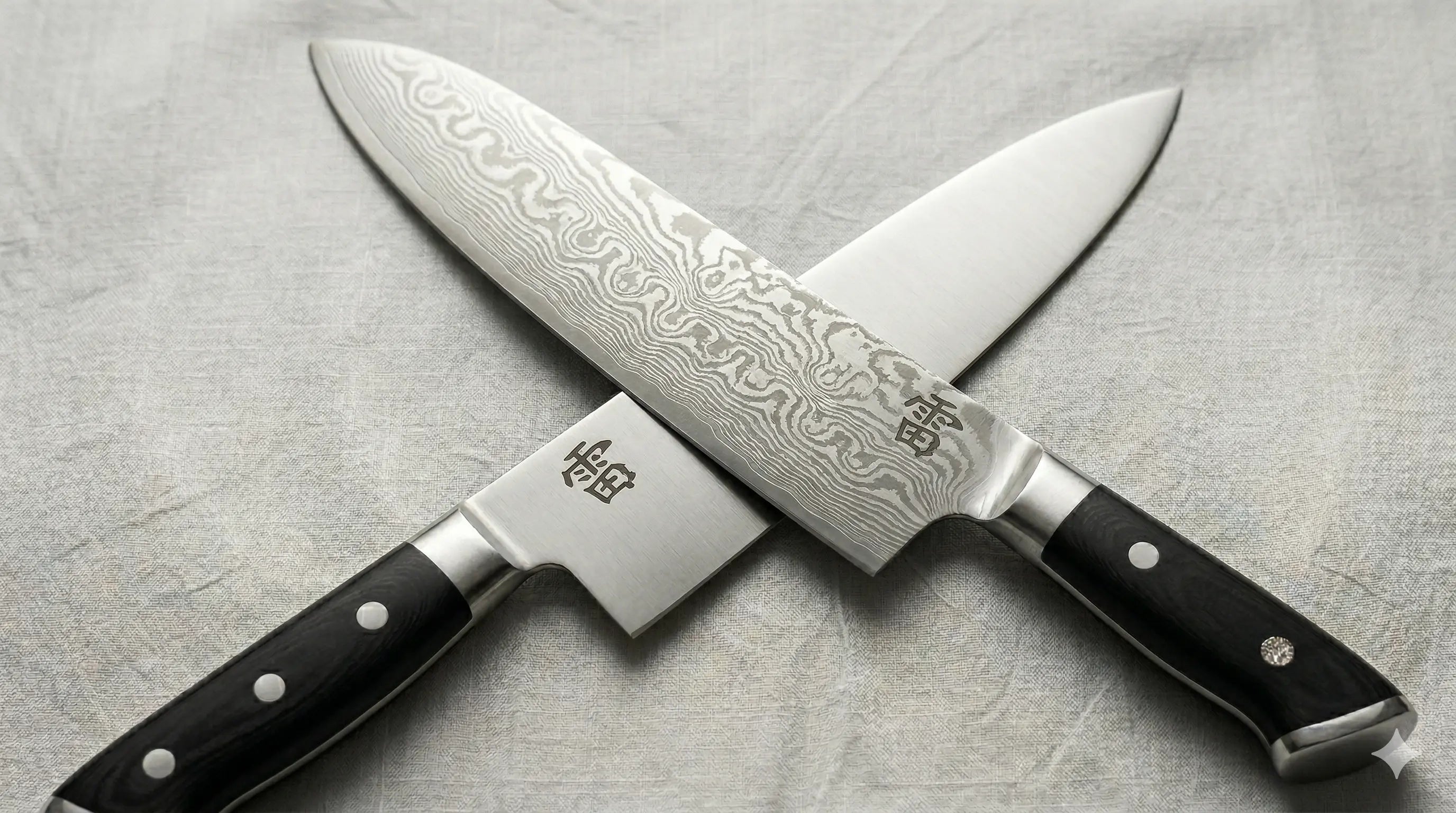 Two crossed chef's knives with Damascus steel blades on a textured surface