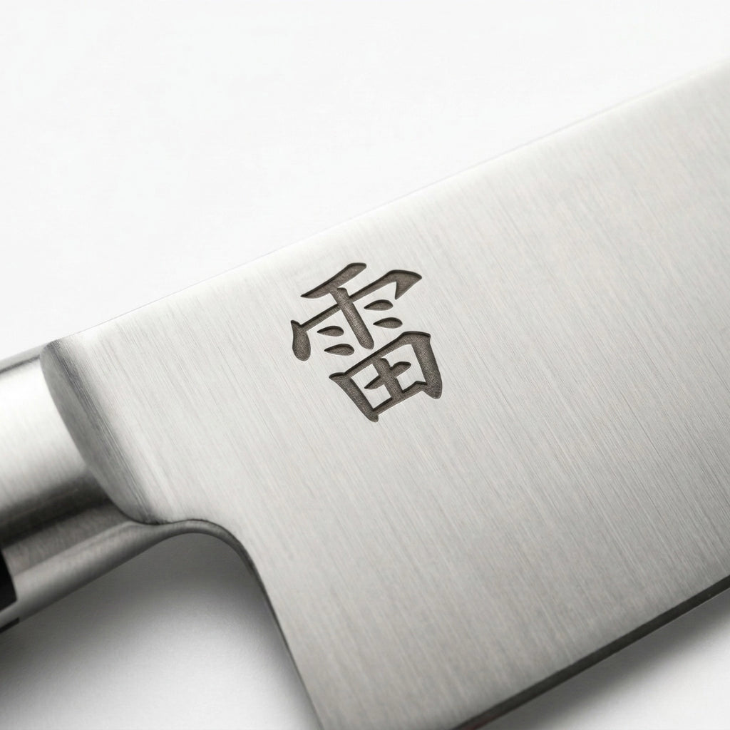 Kaminari 8-inch chef knife blade close-up showing sharp edge