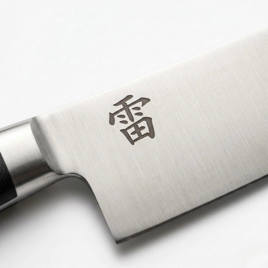 Kaminari santoku knife blade close-up showing precision Japanese edge