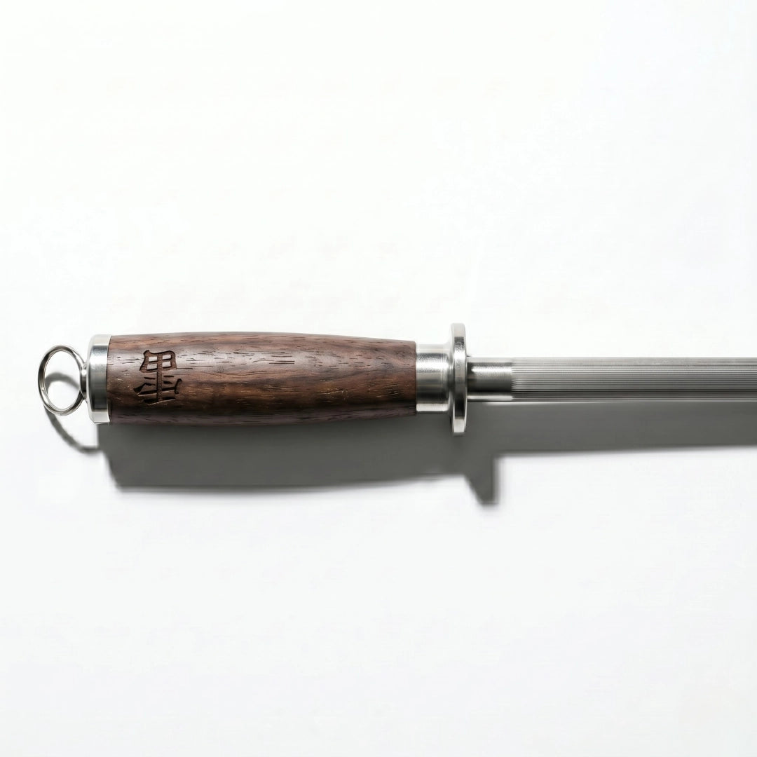 Kaminari professional honing steel handle and finger guard close-up