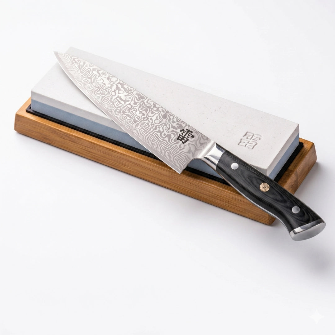 Kaminari dual-grit whetstone with non-slip base and angle guide for knife sharpening