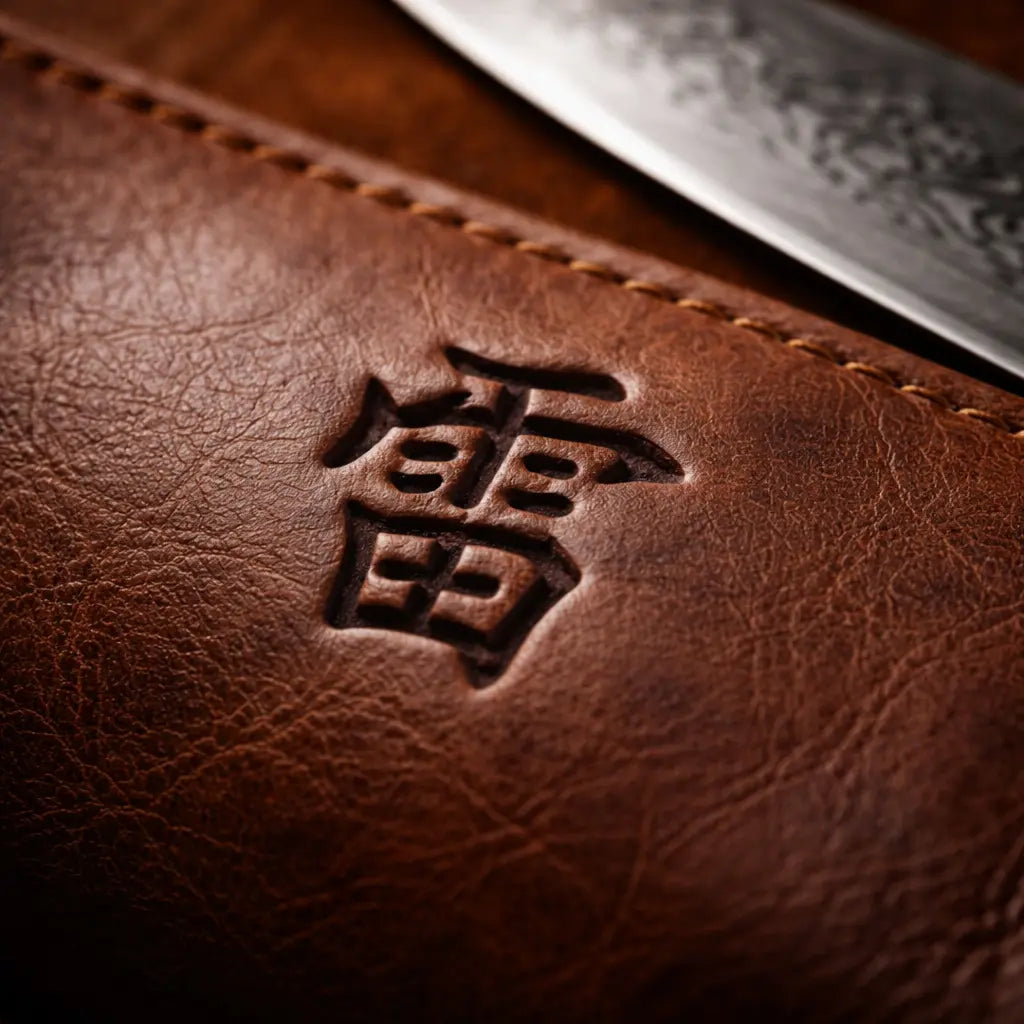 Kaminari leather knife roll close-up showing premium leather texture and stitching