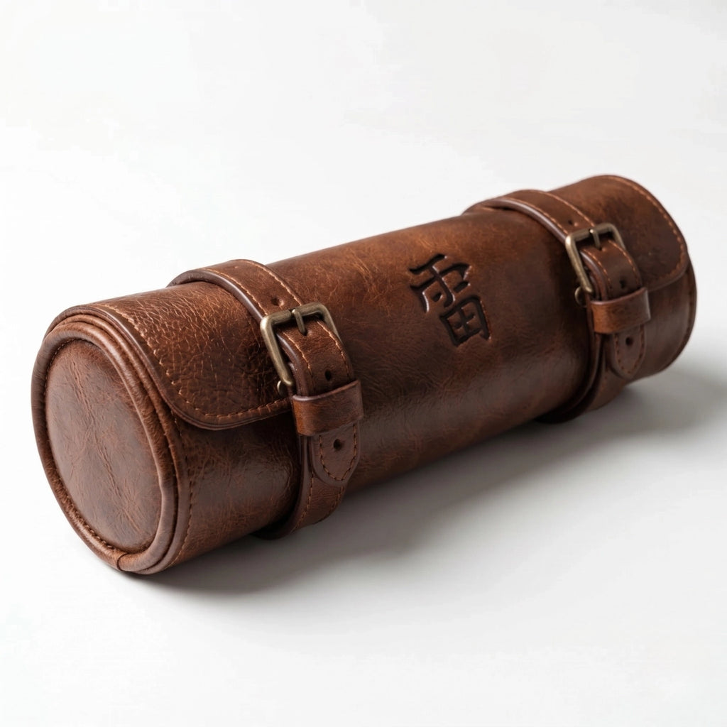 Kaminari professional leather knife roll rolled and secured with tie closure