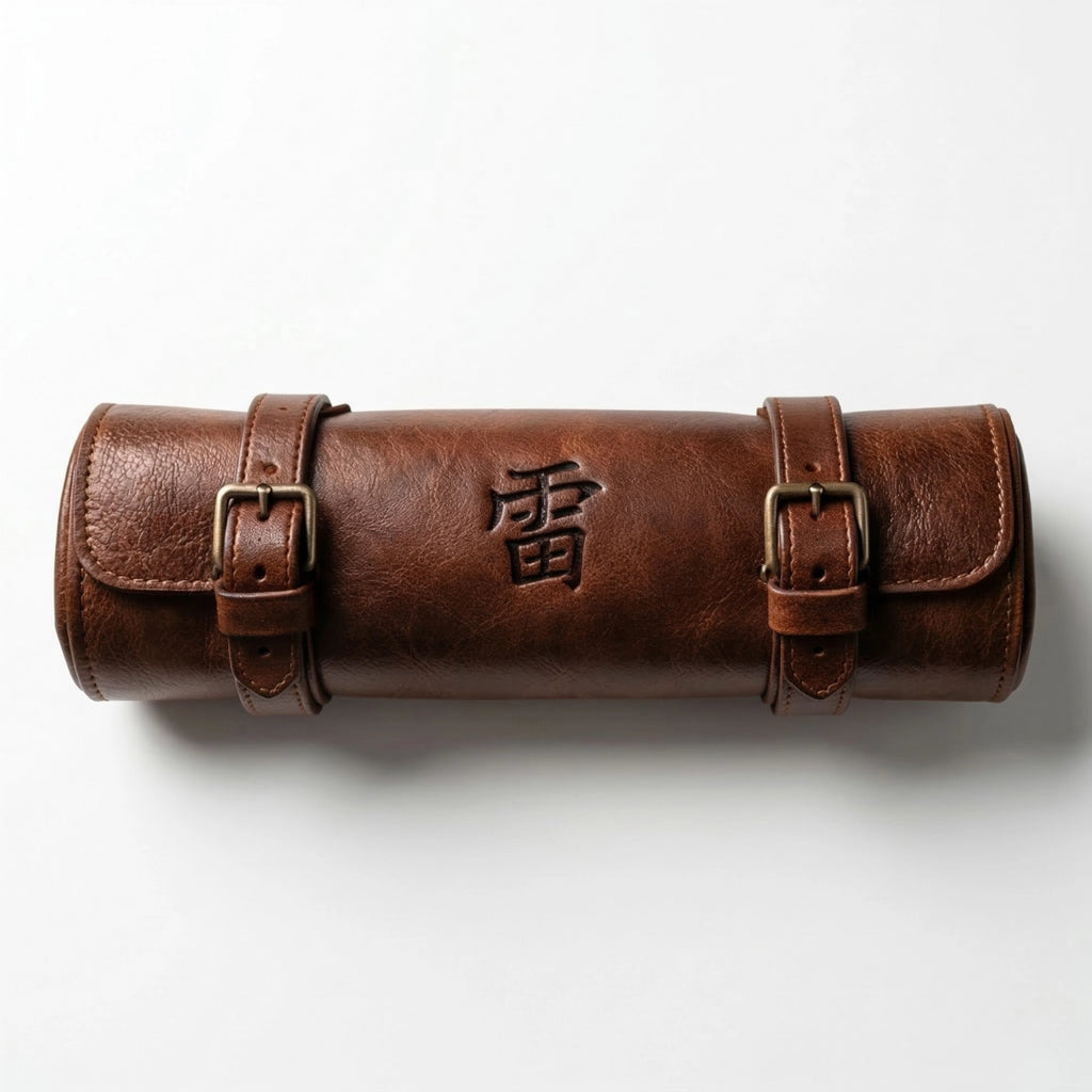 Kaminari premium leather knife roll open displaying knife storage slots