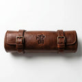 Kaminari premium leather knife roll open displaying knife storage slots